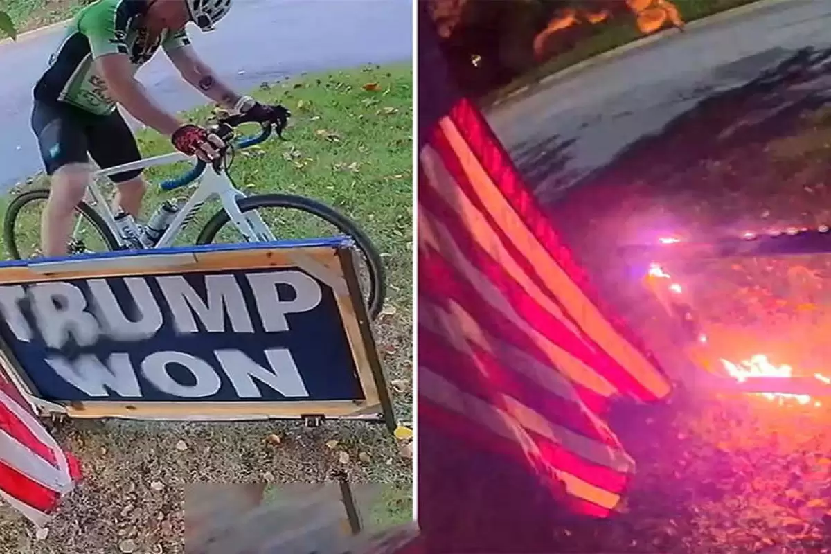 آتش زدن تابلوی حیاط خانه ترامپ توسط یک دوچرخه‌سوار/ ویدئو