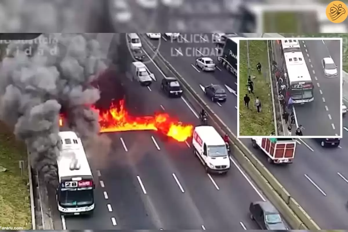 (ویدئو) آتش گرفتن وحشتناک اتوبوس درون شهری