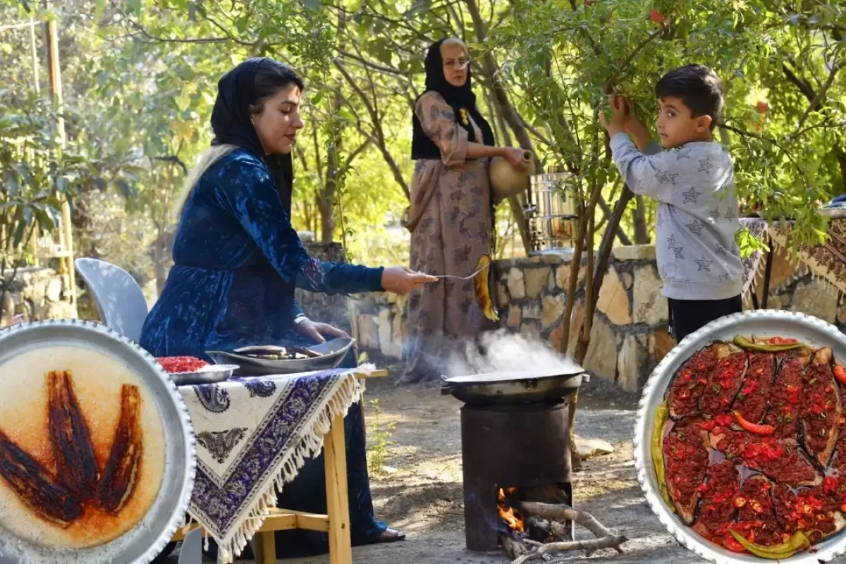 (ویدئو) پخت یک غذا با گوشت چرخ کرده و بادمجان توسط خانواده روستایی کردستانی