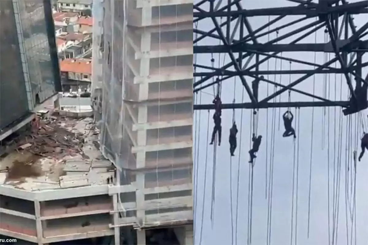 ببینید | لحظاتی رعب‌آور از معلق ماندن چند کارگر ساختمانی در ارتفاع ۱۵۰ متری!
