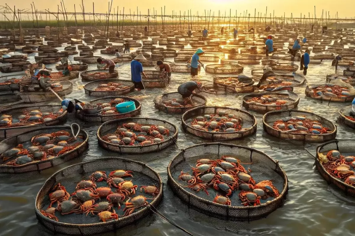 (ویدئو) ببینید تایلندی ها با چه مهارتی میلیون‌ها خرچنگ را در جعبه پلاستیکی روی آب پرورش می دهند