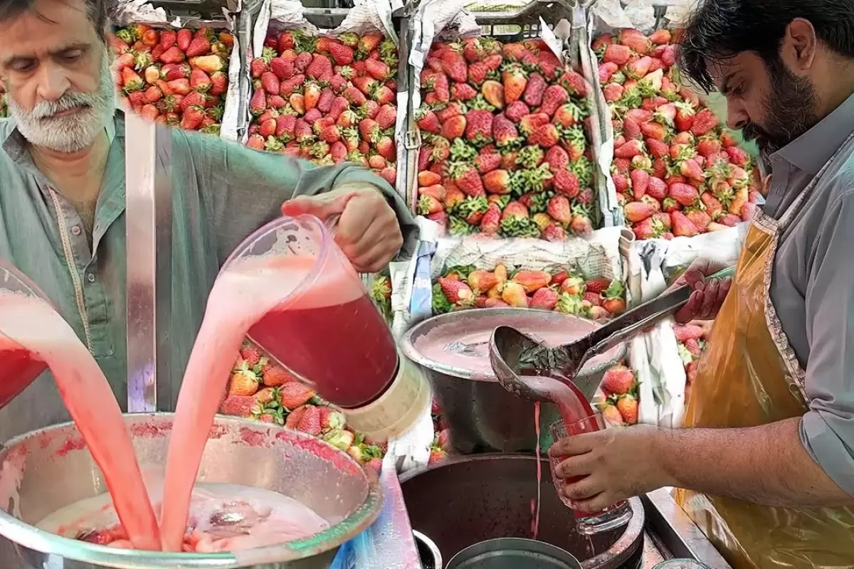 (ویدئو) نحوه تهیه متفاوت و جالب آبمیوه توت فرنگی توسط یک فروشنده خیابانی در پاکستان
