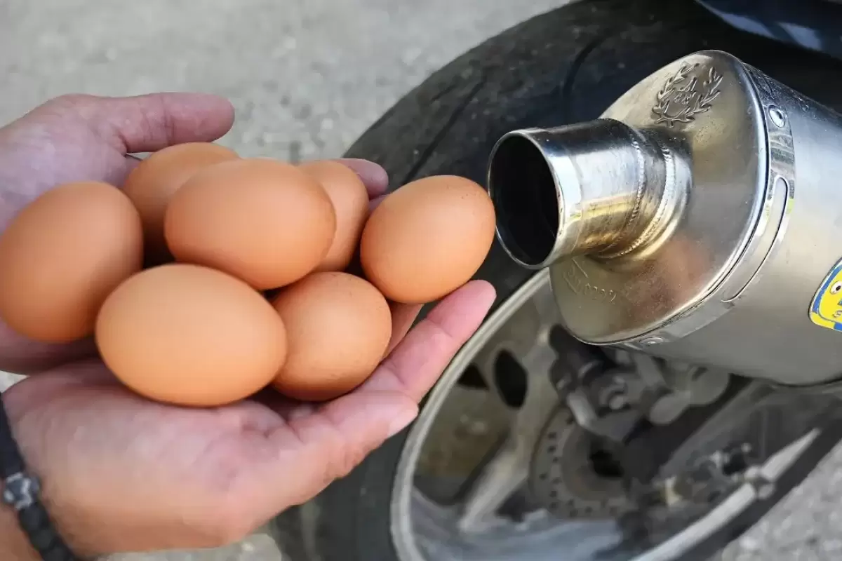 (ویدئو) اگر 10 عدد تخم مرغ را داخل اگزوز موتور سیکلت بیندازید چه اتفاقی می افتد؟