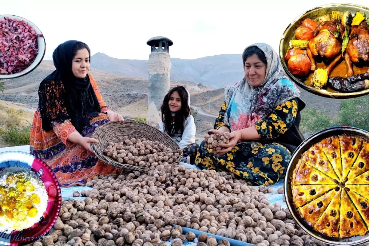 (ویدئو) پخت باقلوا، کوفته قلقلی و دو مرغ بریانی توسط خانواده روستایی ارومیه ای