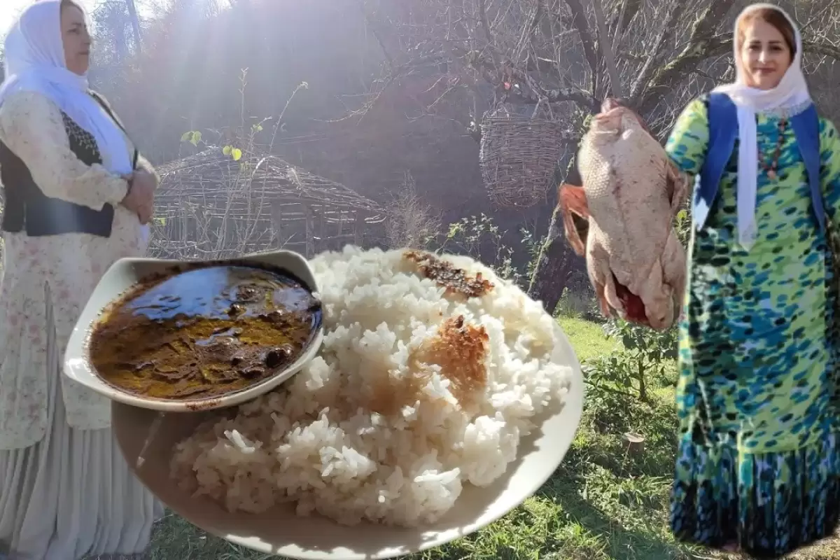 (ویدئو) پخت خورشت فسنجان با اردک محلی به سبک دو بانوی روستایی گیلانی
