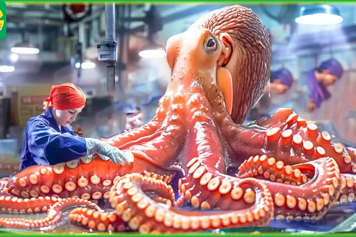 (ویدئو) مراحل صید، برش و بسته بندی صدها تن هشت پا و ماهی مرکب