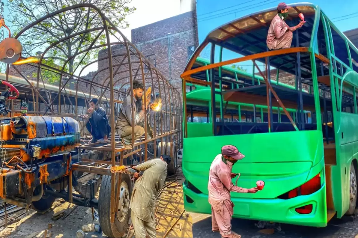 (ویدئو) فرآیند تولید یک اتوبوس مسافربری دست ساز در یک کارگاه پاکستانی
