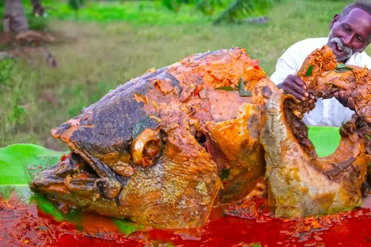 (ویدئو) غذای روستایی هندی؛ پخت متفاوت یک ماهی غول پیکر