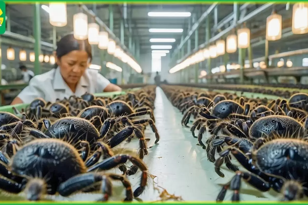(ویدئو) فرآیند پرورش و فرآوری میلیون ها عنکبوت، جیرجیرک و مار پیتون در تایلند