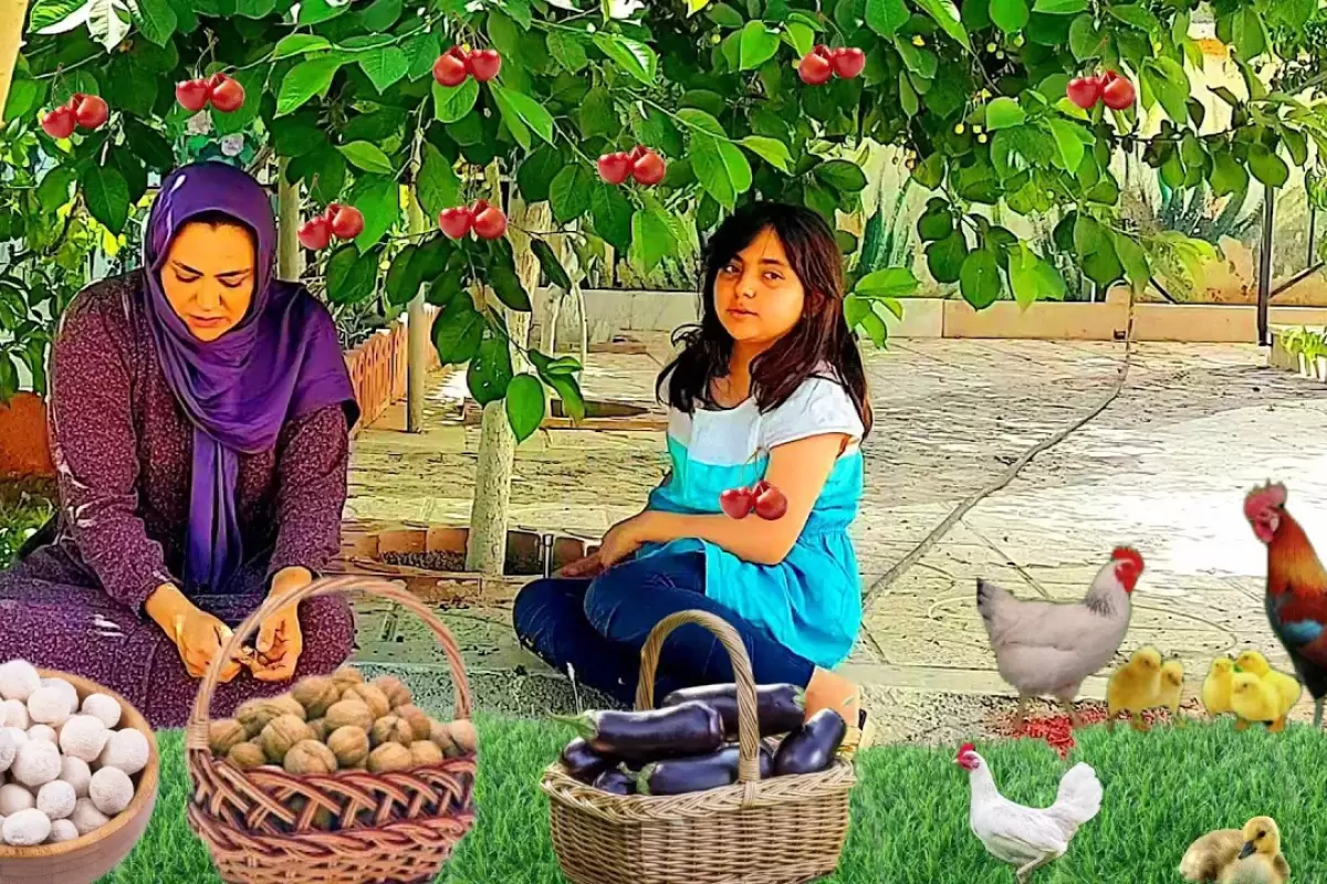 (ویدئو) فرآیند پخت کشک بادمجان به روش جال یک مادر و دختر روستایی