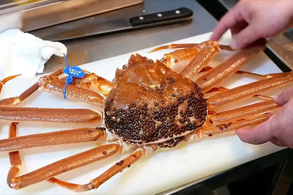 (ویدئو) غذای خیابانی در ژاپن؛ پخت غذای محبوب با خرچنگ برفی غول پیکر