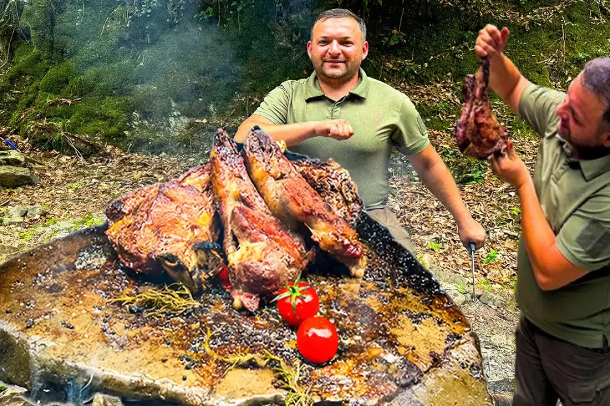 (ویدئو) پخت استیک روی تخته سنگ در جنگل به روش آشپز آذربایجانی