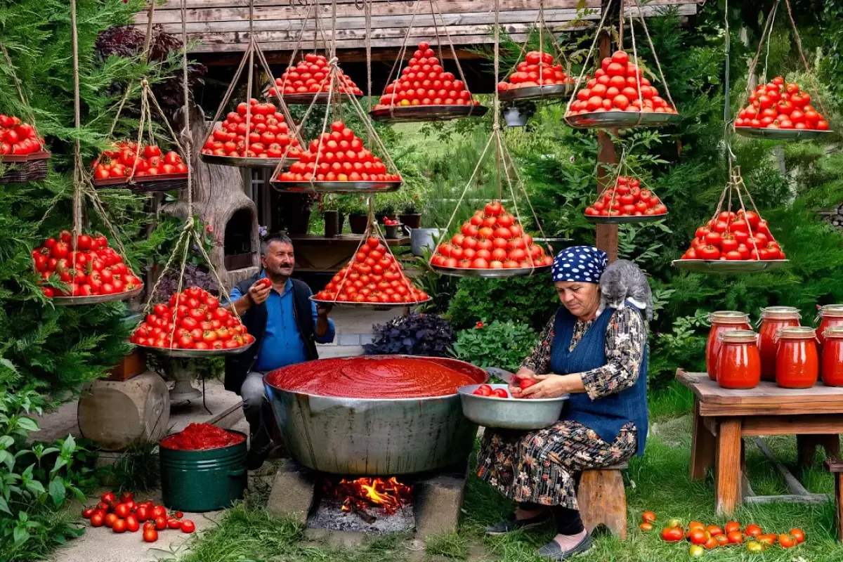 (ویدئو) فرآیند پخت «رُب» با 50 کیلو گوجه توسط زوج روستایی آذربایجانی