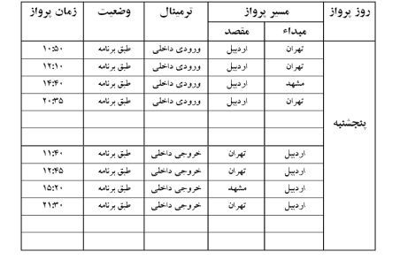 پرواز‌های فرودگاه اردبیل پنجشنبه ۲۵ مهر ماه