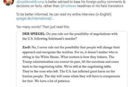 واکنش ترامپ به سخنان ظریف در مورد مذاکره