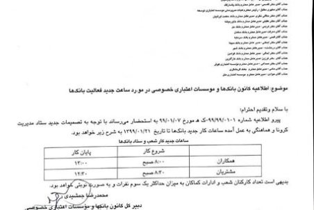 ساعت کاری بانک‌ها تا ۲۱ فروردین اعلام شد