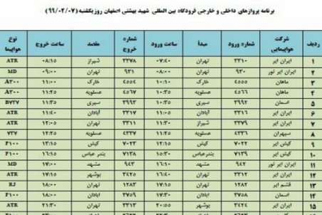 برنامه پرواز‌های ۷ اردیبهشت ماه فرودگاه شهید بهشتی اصفهان