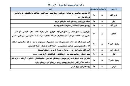 برنامه قطعی برق اردبیل پنجشنبه 3 تیر  ۱۴۰۰