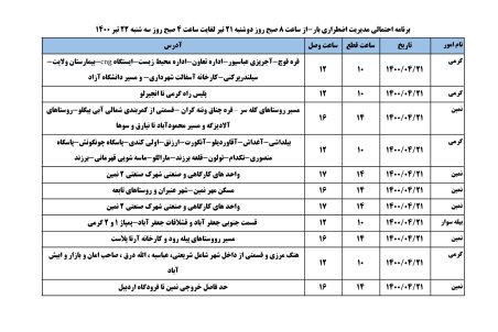 برنامه قطعی برق اردبیل سه شنبه 22 تیر ۱۴۰۰